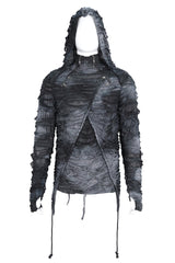 Black High Collar Long Sleeves Print Ripped Men's Punk Hoodies T-Shirt - Product - 6