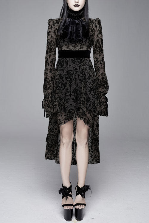 Black Floral Flocking Printed Long Sleeves Velvet With Tie Womens Gothic Dress - Black - 1