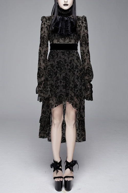 Black Floral Flocking Printed Long Sleeves Velvet With Tie Womens Gothic Dress - Black - 1