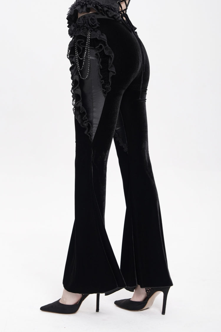 Black Ruffled Spliced Women's Gothic Floral Faux Leather&Velvet Ruffle Pants - Product - 12