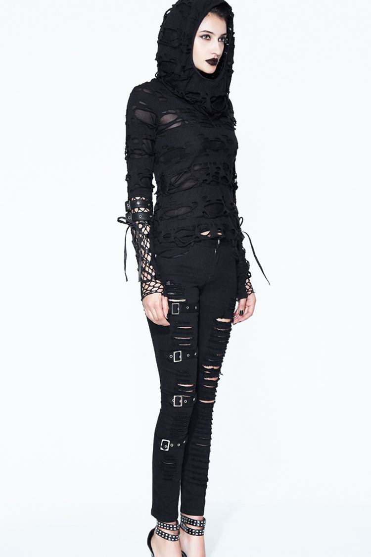 Black Hooded Ripped Finger Covered Splice Mesh Leather Loop Lace Up Women's Punk Shirt - Product - 5