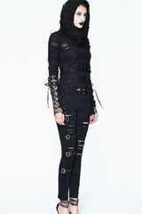 Black Hooded Ripped Finger Covered Splice Mesh Leather Loop Lace Up Women's Punk Shirt - Product - 5