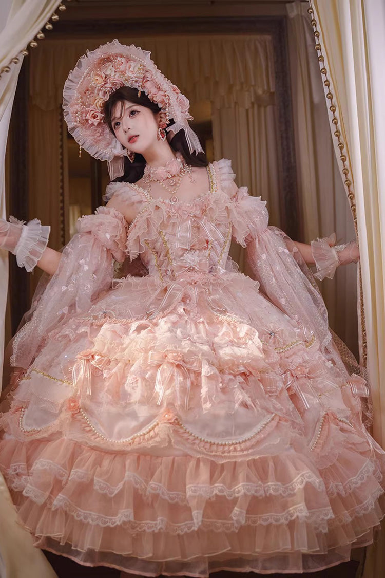 Pink [The Runaway Princess] Sleeveless Multi-Layered Printed Hanayome Bow Lace Pearl-Decorated Sweet Plus Size Gorgeous Lolita Jsk Dress - Pink - 1