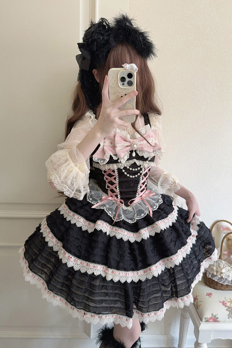 Black [Song of Floral Letters] Sleeveless Triple-Layered Bowknot Lace-Up Sweet Lolita Jsk Dress - Black - 1