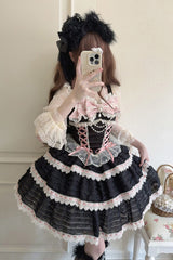Black [Song of Floral Letters] Sleeveless Triple-Layered Bowknot Lace-Up Sweet Lolita Jsk Dress - Black - 1