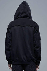 Black Punk Front Lace Up Decoration Long Sleeve Knit Hoodie Men's Coat - Product - 3