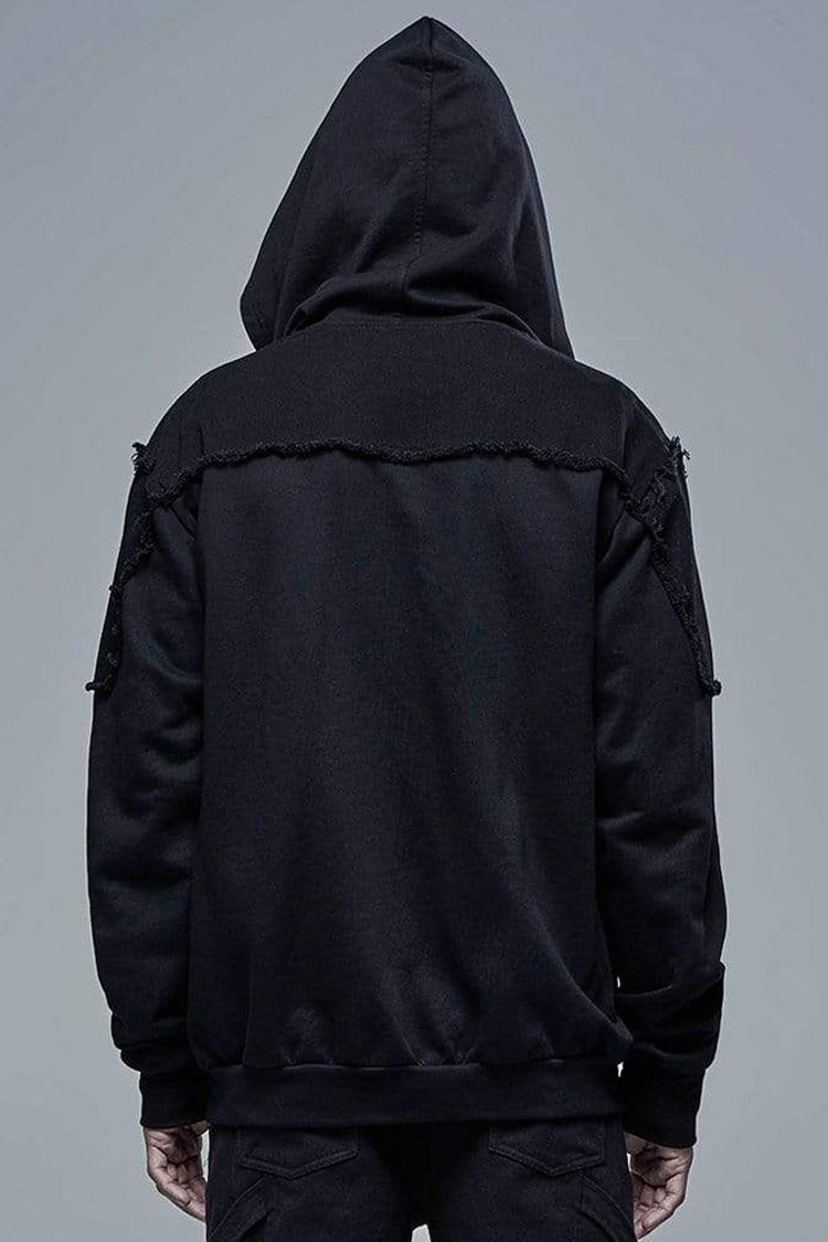 Black Punk Front Lace Up Decoration Long Sleeve Knit Hoodie Men's Coat - Product - 3