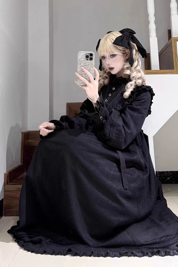 Black Long Sleeves Ruffle Bowknot Lace Gothic Lolita Home Wear Nightdress - Product - 5