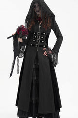 Black Buckle-up Tassels Hooded Women's Gothic Coat - Black - 1