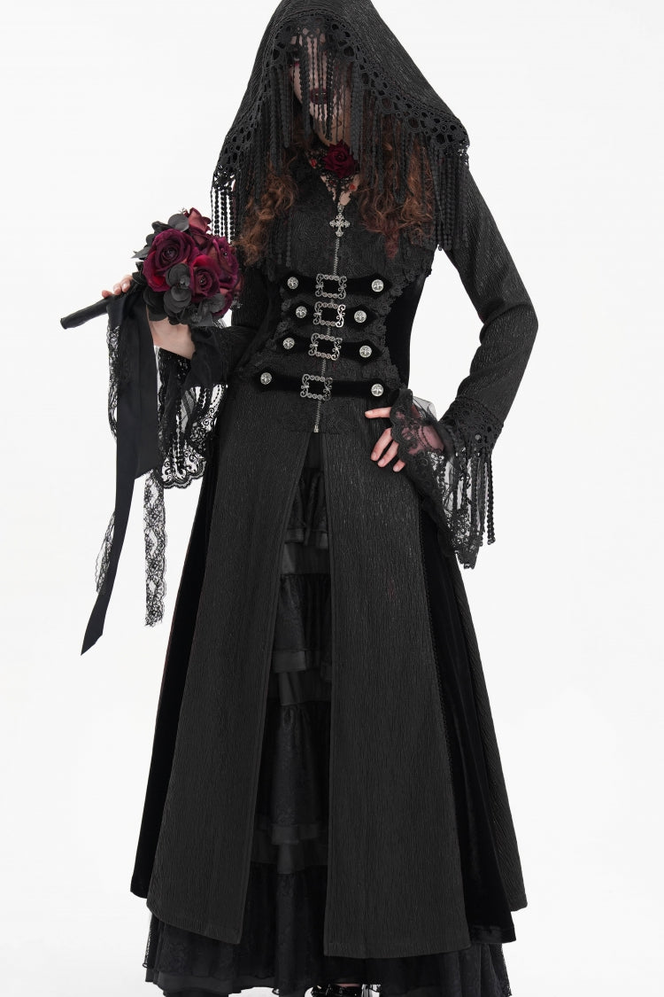 Black Buckle-up Tassels Hooded Women's Gothic Coat - Black - 1