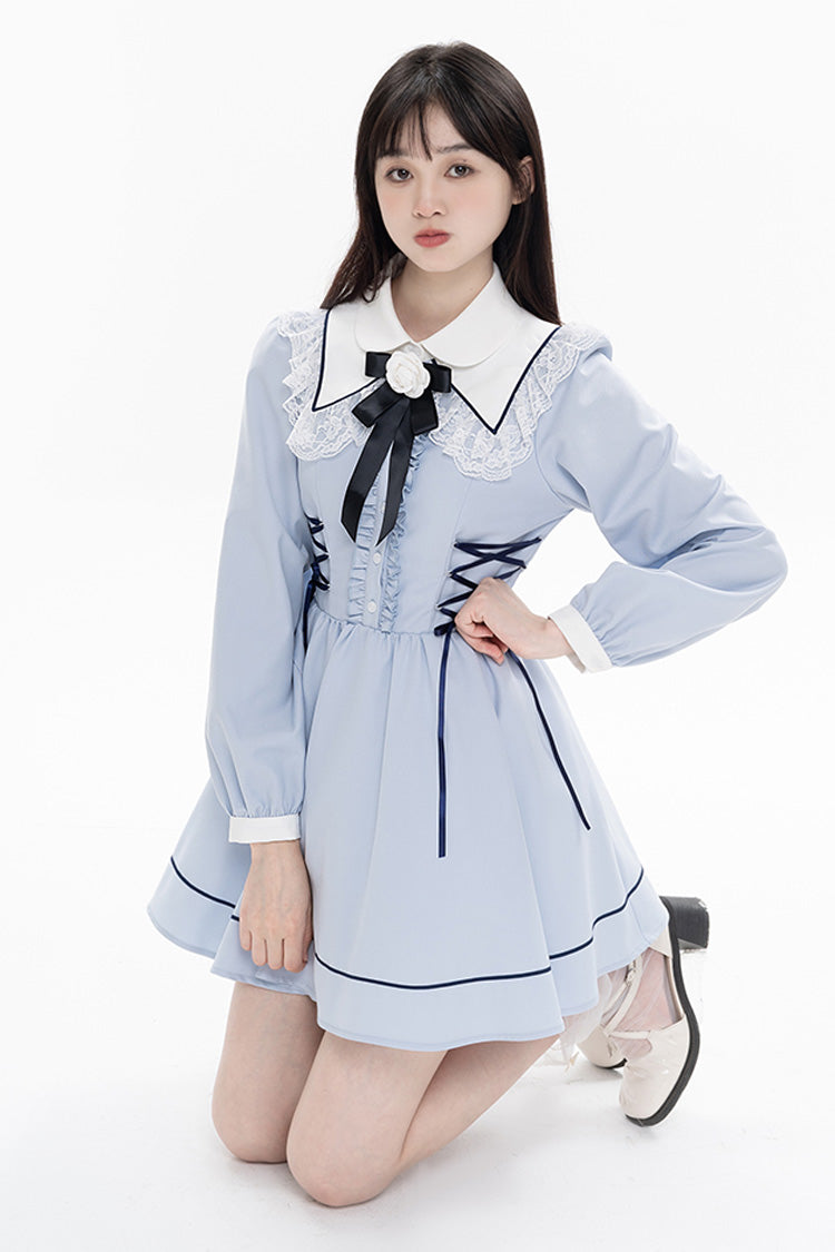 Blue Lapel Collar Long Sleeves Bowknot Lace-Up Jirai Kei Dress - Product - 4