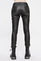 Black Punk Biker Block Shaped Patchwork Hand Rubbed Leather Womens Pants - Product - 5