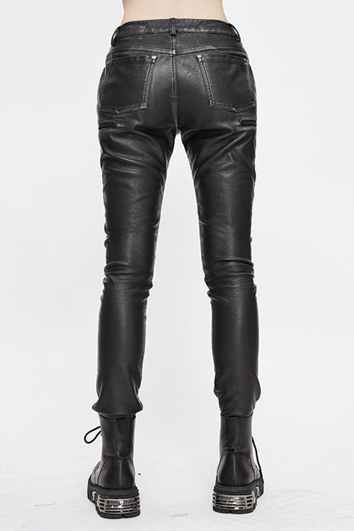 Black Punk Biker Block Shaped Patchwork Hand Rubbed Leather Womens Pants - Product - 5