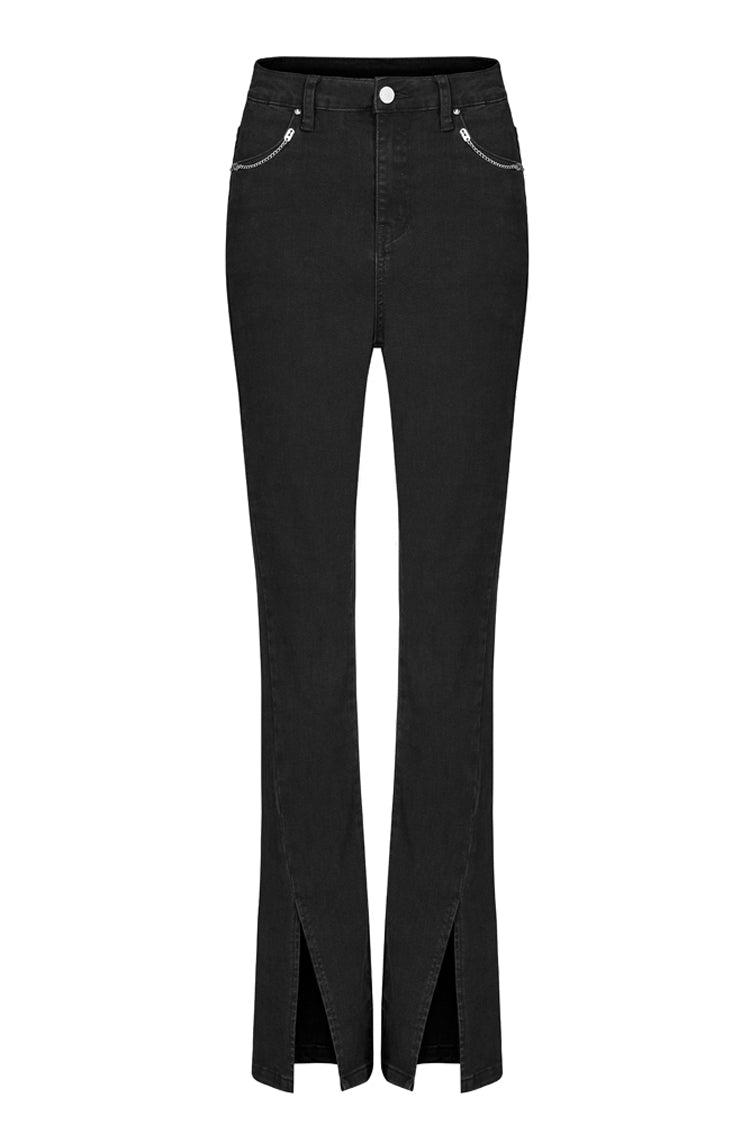 Black Denim Chain Decorated Tight Waist Slit Micro Punk Flared Women's Pants - Product - 5