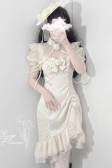 White [Camellia 2.0] Sleeveless Jacquard Ruffle Lace Asymmetric Sweet Chinese Style Fishtail Lolita Jsk Dress - Product - 5