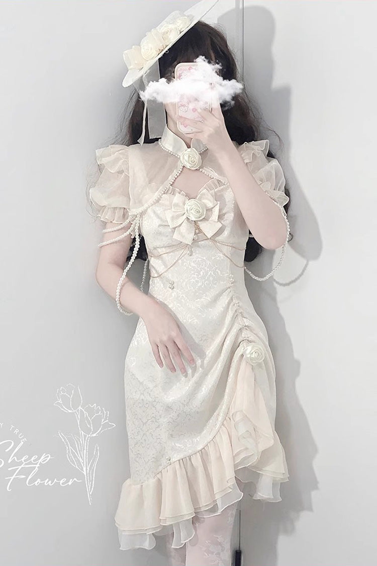 White [Camellia 2.0] Sleeveless Jacquard Ruffle Lace Asymmetric Sweet Chinese Style Fishtail Lolita Jsk Dress - Product - 5