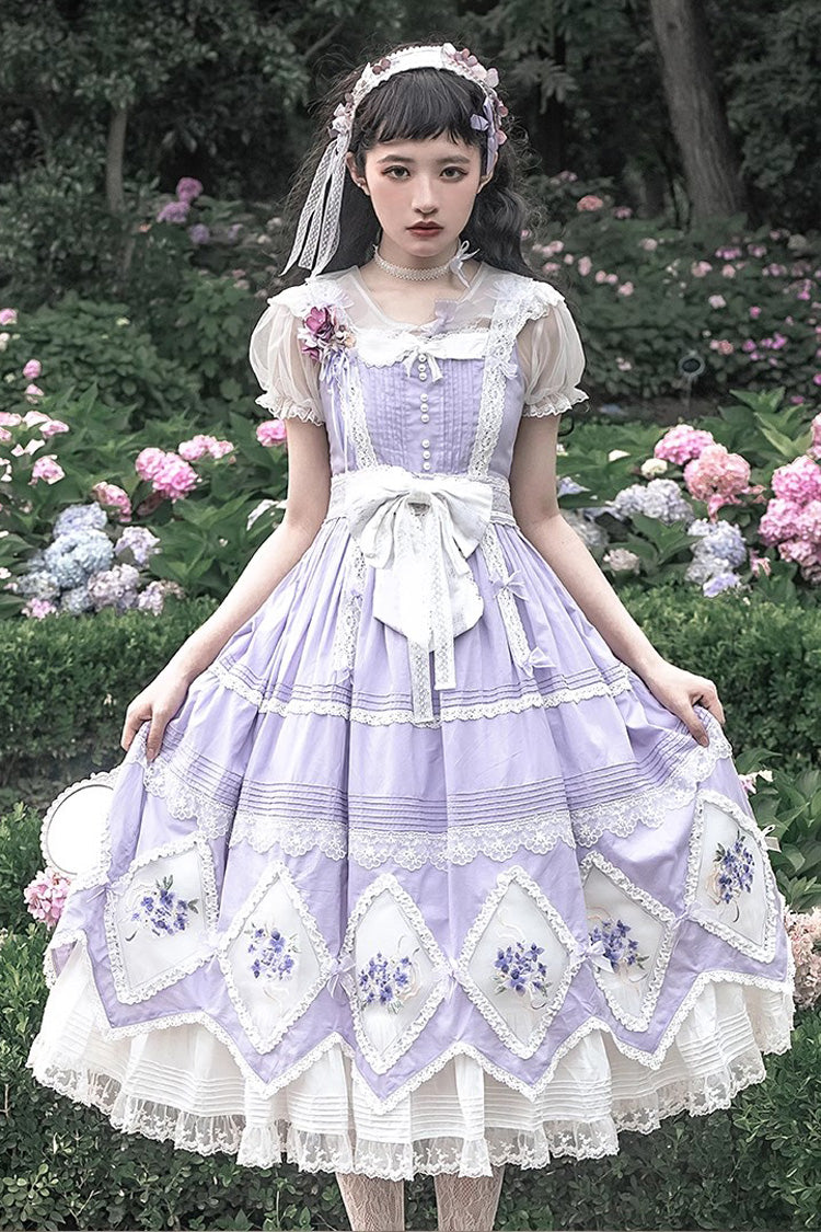 Purple Print Ruffle Embroidery Bowknot Classic Vintage Lolita Dress - Purple - 1
