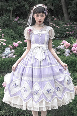 Purple Print Ruffle Embroidery Bowknot Classic Vintage Lolita Dress - Purple - 1