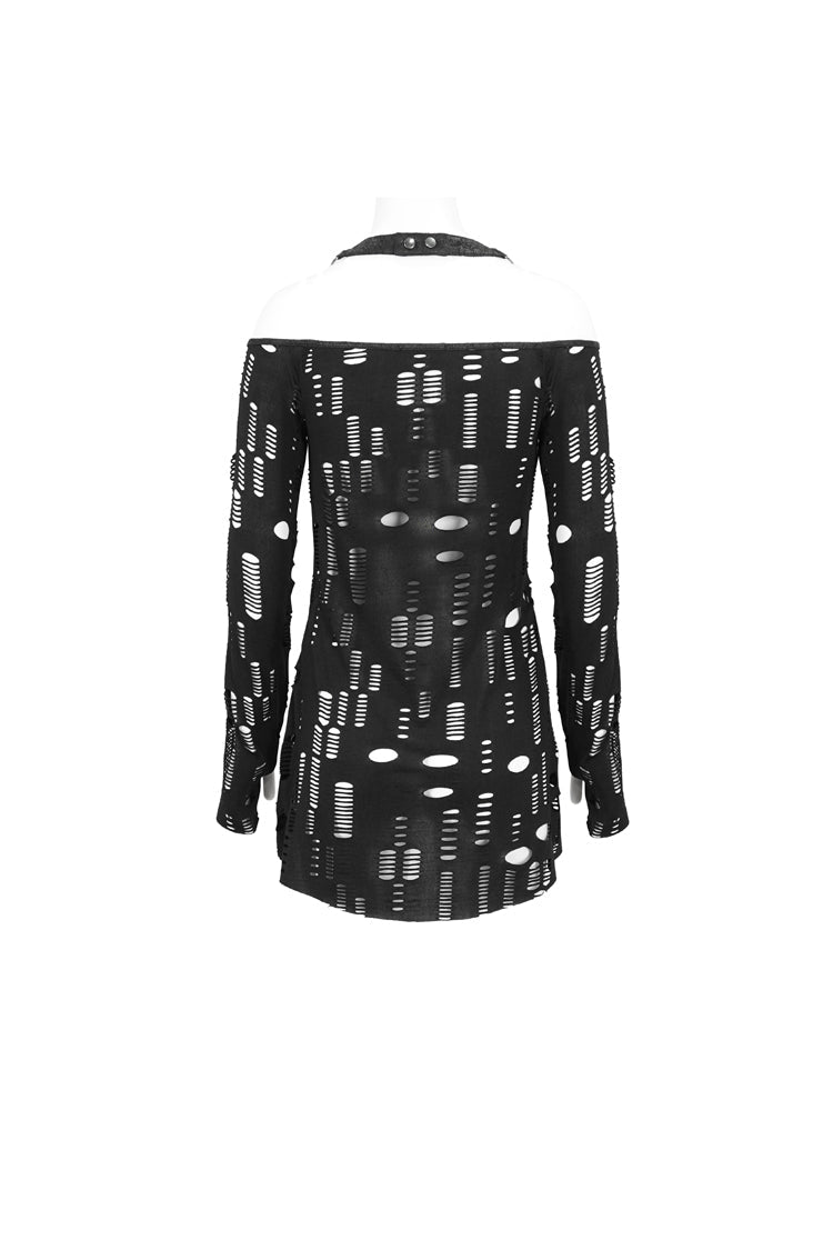 Black Elastic Ripped One Shoulder Rope Style Halter Neck Long Sleeves Women's Gothic T-Shirt - Product - 8