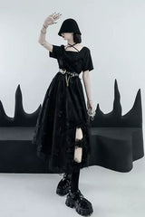French Square Collar Short Sleeves Irregular Hem Long Gothic Lolita Dress - Black - 3