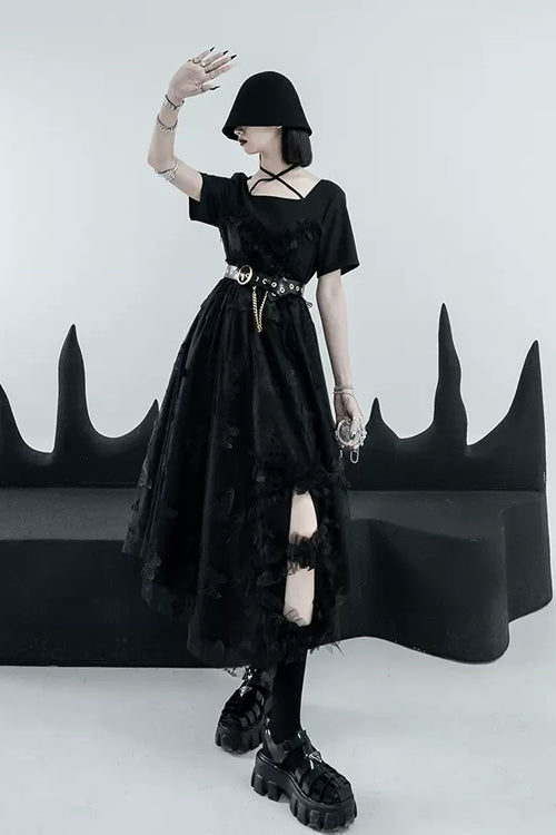 French Square Collar Short Sleeves Irregular Hem Long Gothic Lolita Dress - Black - 3