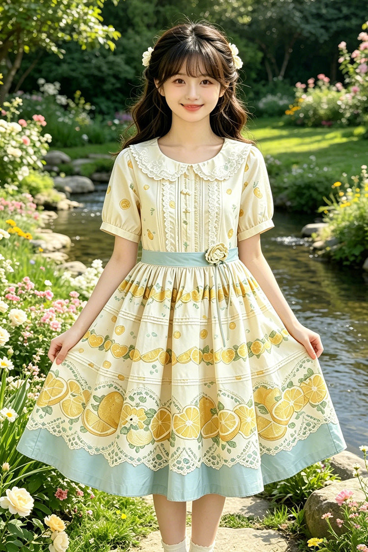Yellow Doll Collar Short Sleeves Lemon Printed Plus Size Sweet Lolita Dress - Product - 5