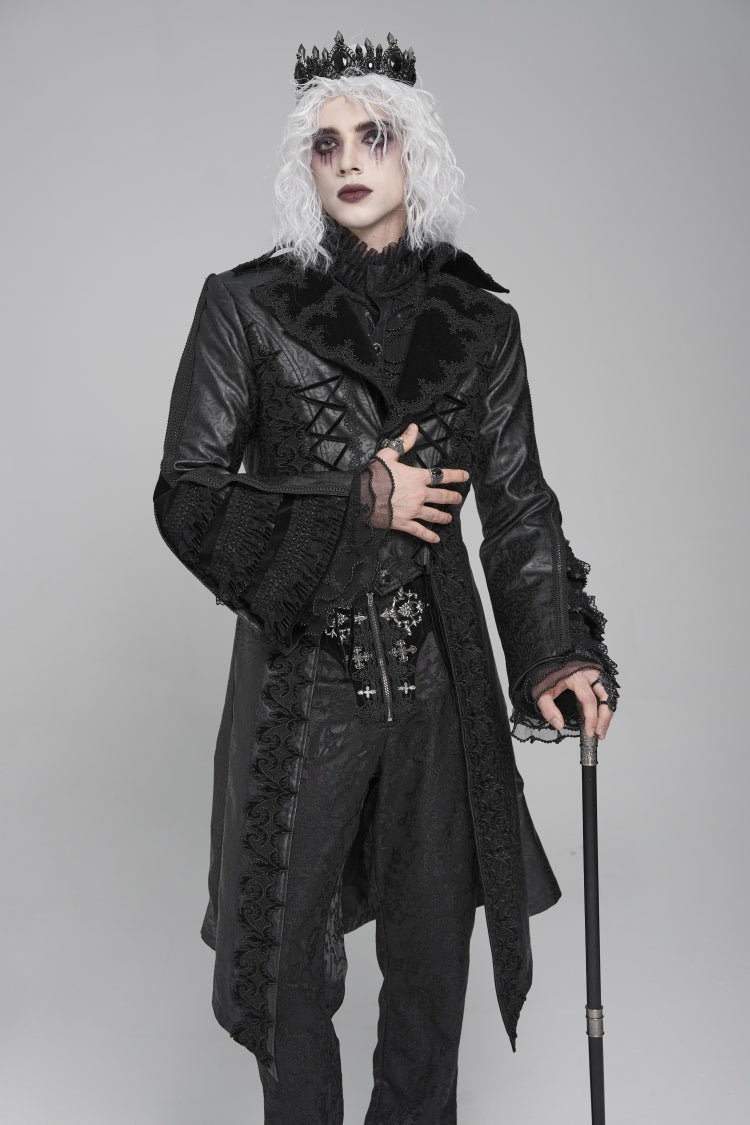 Black Long Trumpet Sleeves Floral Crochet Embroidery Lace-Up Men's Gothic Coat - Black - 1