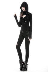 Black Women's Punk Long Sleeves Cut-Out Cross Connection Front Hooded Top - Product - 8