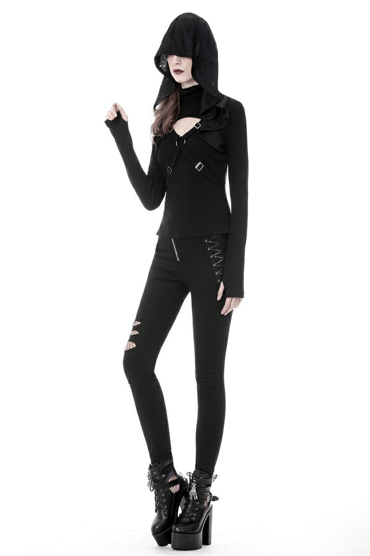 Black Women's Punk Long Sleeves Cut-Out Cross Connection Front Hooded Top - Product - 8