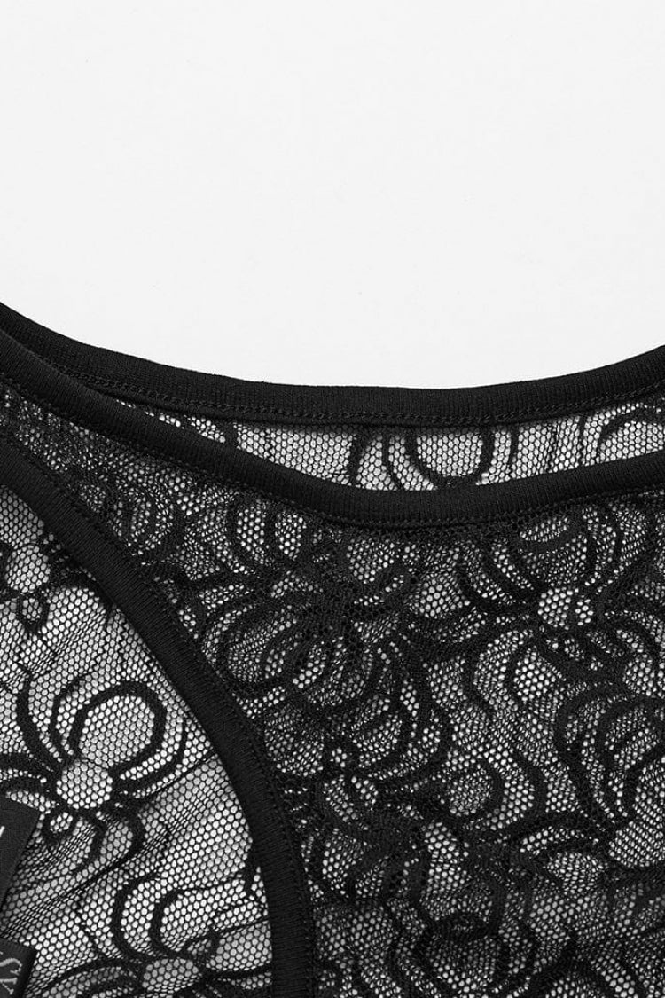 Sleeveless Print Hollow Lace Mesh Sheer Womens Steampunk Bodysuit 3 Colors - Product - 22