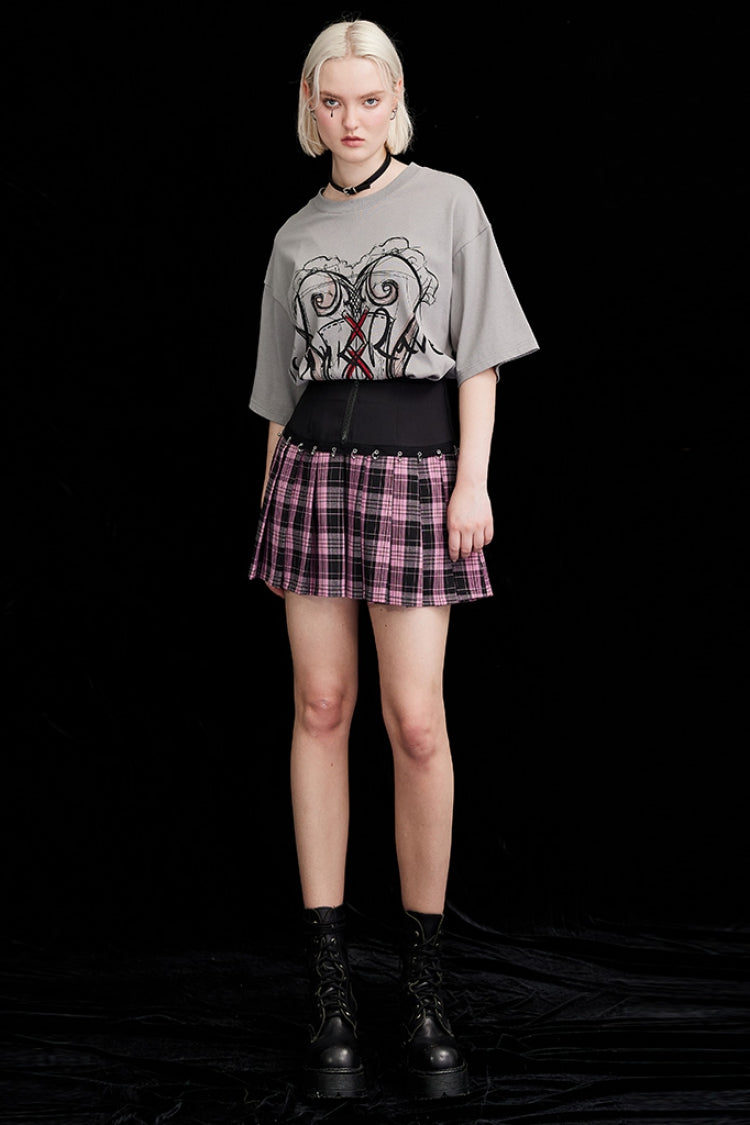 Pink Plaid Striped Print Women's Punk Mini Skirt - Product - 4