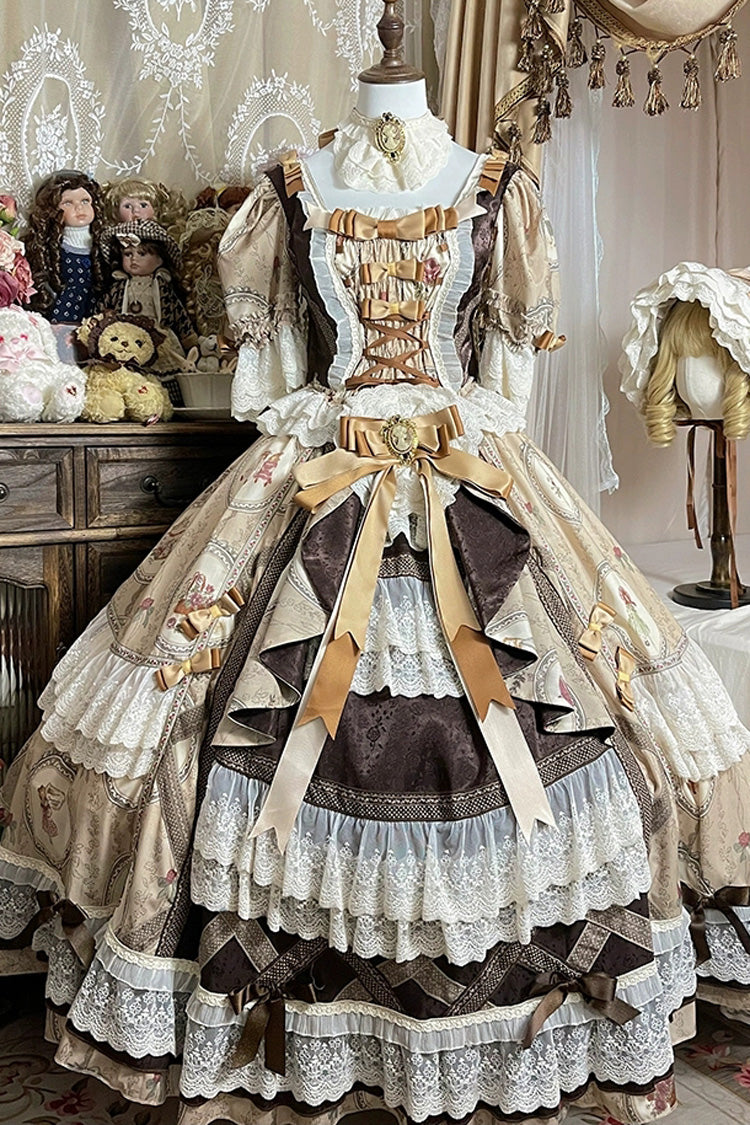 Brown [Baker Street Tea Party] Short Sleeves High Waisted Print Ruffle Embroidery Cardigan Bowknot Lace-Up Classic Vintage Princess Lolita Dress - Product - 3