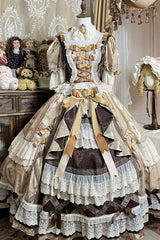 Brown [Baker Street Tea Party] Short Sleeves High Waisted Print Ruffle Embroidery Cardigan Bowknot Lace-Up Classic Vintage Princess Lolita Dress - Product - 3