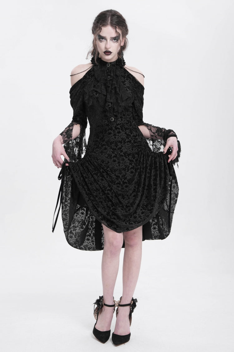 Black Off Shoulder Drawstring Jacquard Embroidery Women's Gothic Party Dress - Product - 8