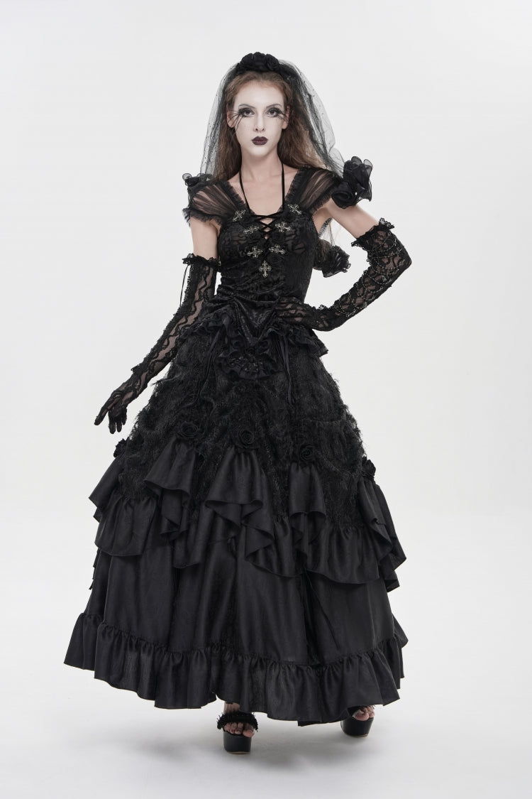 Black Women's Gothic Cross Rose Beaded Long Skirt Gorgeous Skirt - Product - 2