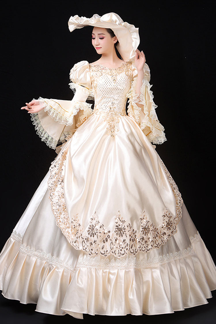 White Court Style High Waisted Flowers Decoration Hime Sleeves Victorian Lolita Prom Dress - Product - 3