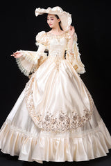 White Court Style High Waisted Flowers Decoration Hime Sleeves Victorian Lolita Prom Dress - Product - 3