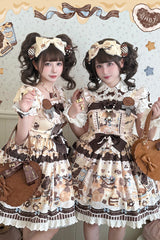 [Chocolate Cake Party] Square Collar Sleeveless Printed Ruffled Bow Daily Sweet Lolita Jsk Dress 2 Colors - Product - 6