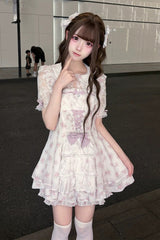 [Rose Letter] Peter Pan Collar Short Sleeves Double-Layered Printed Ruffled Open-Front Lace-Up Sweet Jirai Kei Dress Set 2 Colors - Product - 2