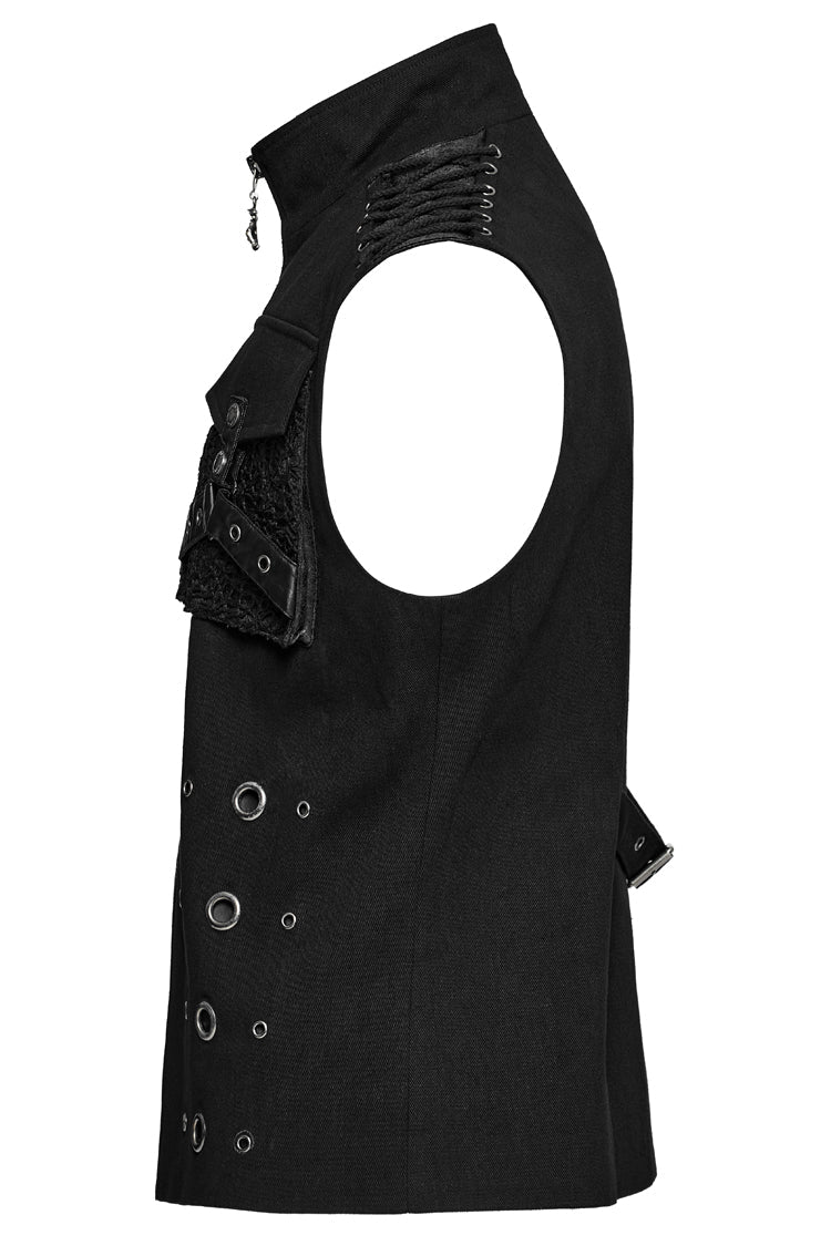 Black Stand Collar Stitching Slim Men's Punk Vest - Product - 6
