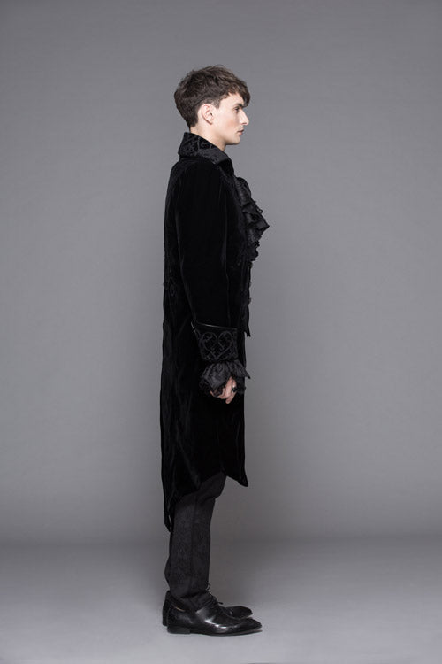 Black Hand Embroidered Fake Two Pieces Long Sleeves Velvet Mens Gothic Coats - Product - 6