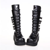 Black Leather Belt Buckle Lace Up High Lolita Boots - Product - 3
