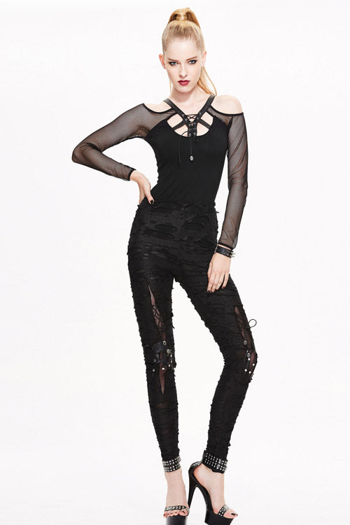 Black Leather Broken Holes Coated Knit Womens Pants - Product - 6