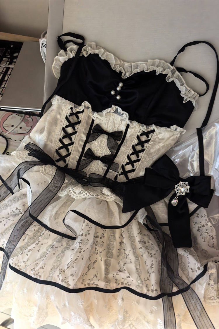 Black/Apricot [Holiday Ball] Sleeveless Multi-Layered Printed Ruffled Bow Lace Ballet Sweet Lolita Jsk Dress - Product - 3