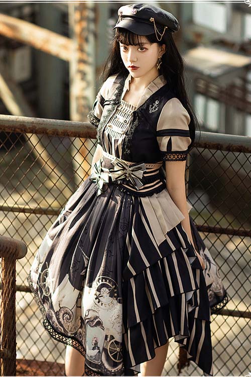 Pirate Boat Series OP Retro Irregular Big Hem Punk Lolita Short Sleeve Dress - Product - 2