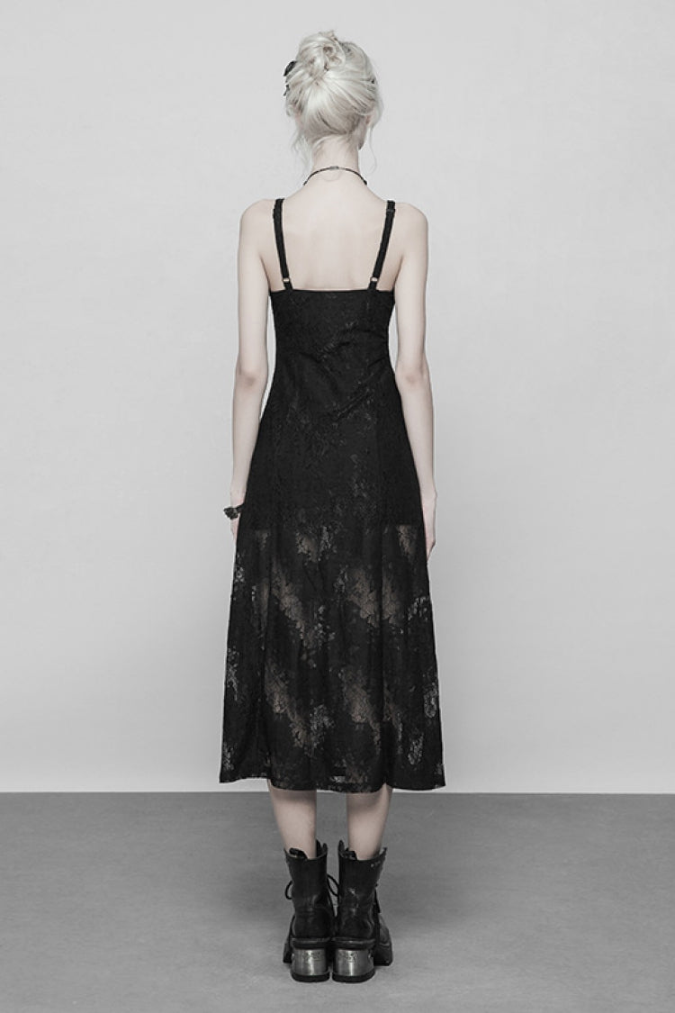 Black Lace Women's Bandage Strap Gothic Vintage Long Dress - Product - 3