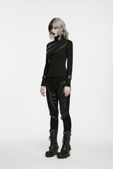 Black High Collar Long Sleeves Cut-Out Patchwork Slim Fit Asymmetric Buckled Women's Punk Cool Top - Product - 3