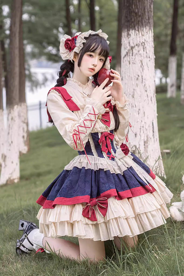 Snow White Multi-Color Triple-Layered Ruffle Bowknot Sweet Lolita Dress (Shirt Included) - Multi-Color - 1