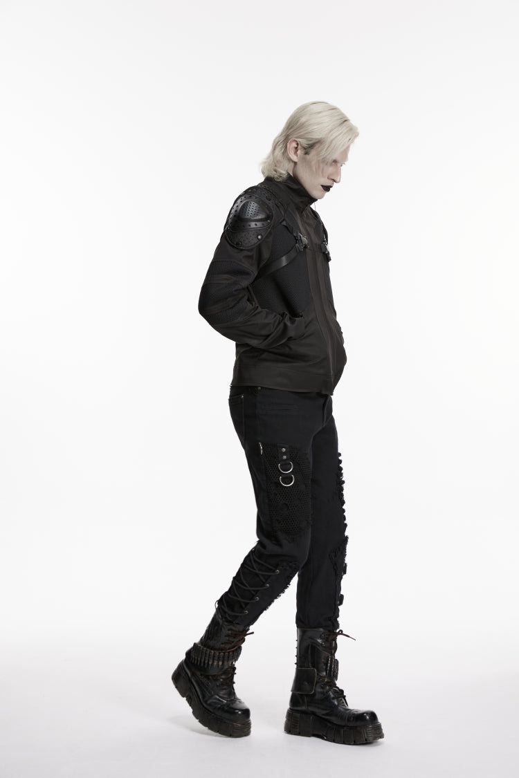 Black Stand Collar Long Sleeves Buckled Zippered Eyelet Men's Punk Handsome Cool Armor Coat - Product - 4