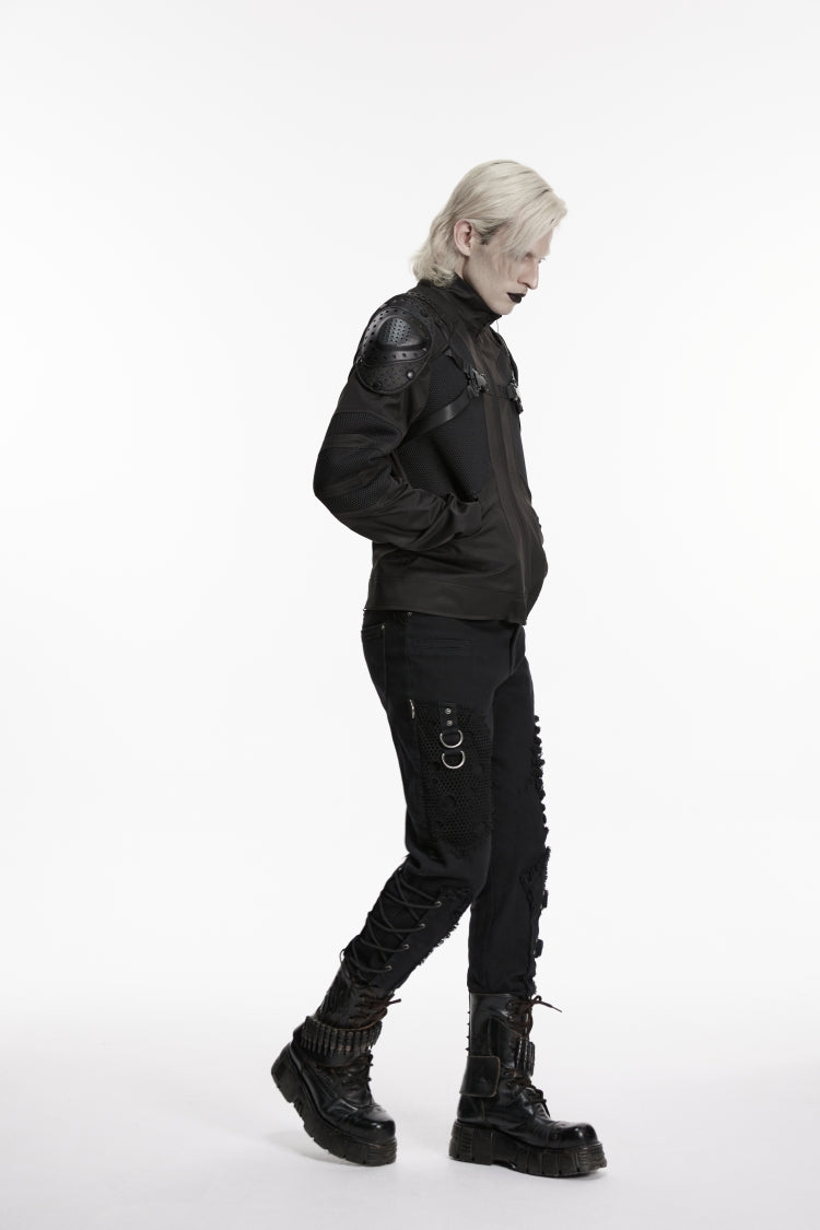 Black Stand Collar Long Sleeves Buckled Zippered Eyelet Men's Punk Handsome Cool Armor Coat - Product - 4